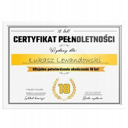 Certyfikat - 18 urodziny - ramka biała