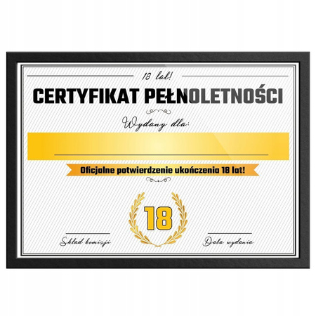 Certyfikat - 18 Urodziny - ramka czarna