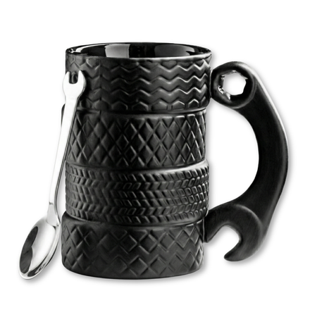 Kubek ceramiczny OPONY czarny klucz z łyżeczką mechanika