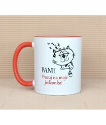 Kubek z czerwonym uszkiem - Kubek Ze Śpiącym Kotkiem Pani! Pracuj Na Moje Jedzonko