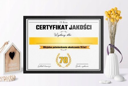Certyfikat - 70 Urodziny - ramka czarna